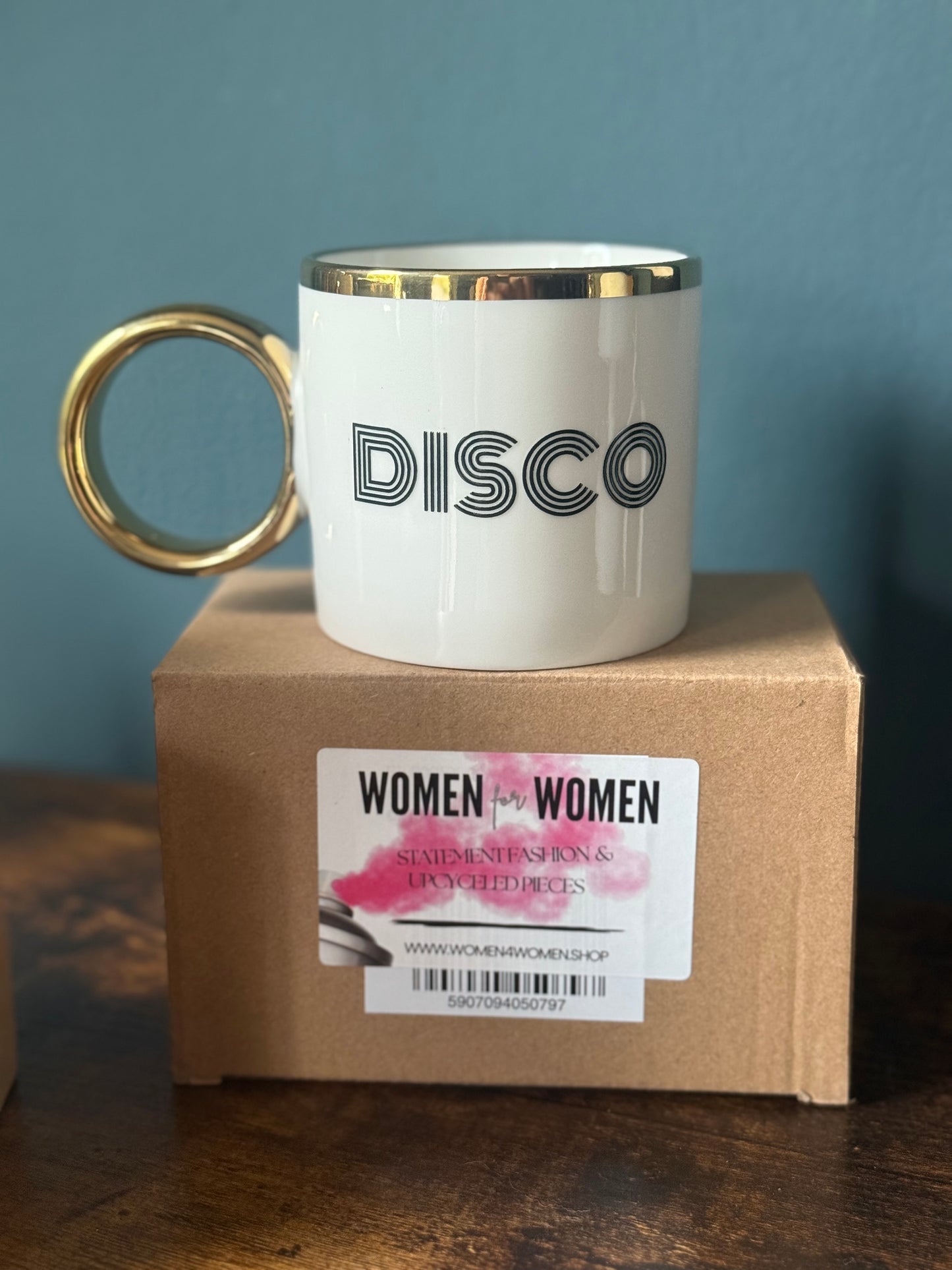 „Disco in a Cup“ weisser Disco Kaffee- bzw. Teebecher mit Goldrand