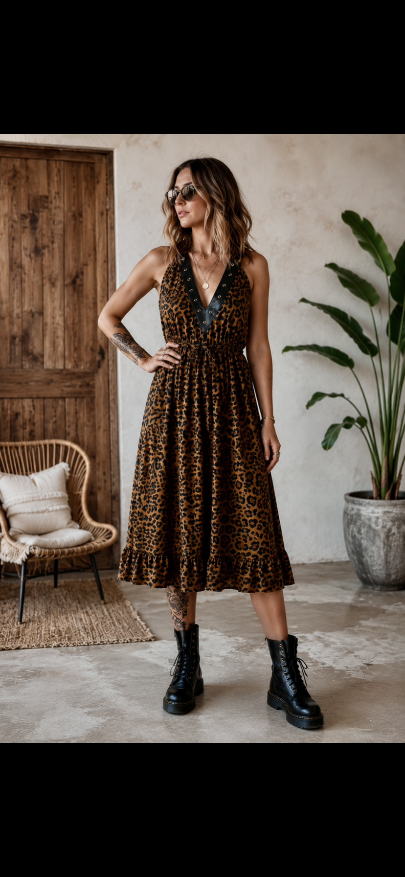 Neckholder-Kleid mit Lederdetails