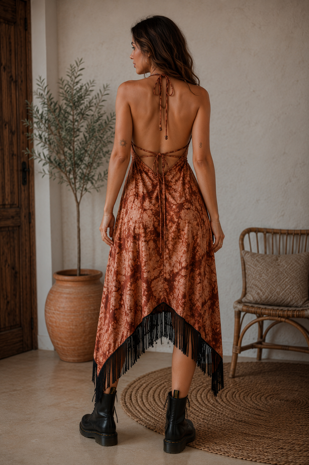Neckholder-Kleid mit Lederdetails